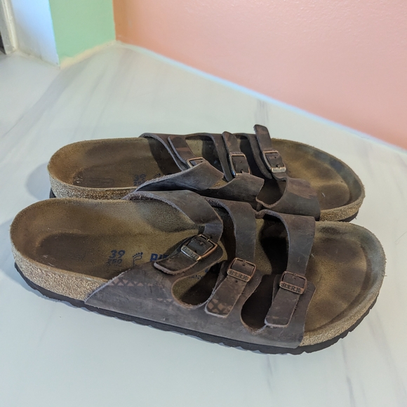 Birkenstock 39 Florida Sandals Leather 3 Strap Soft Footbed Boho Vacation - Picture 1 of 13